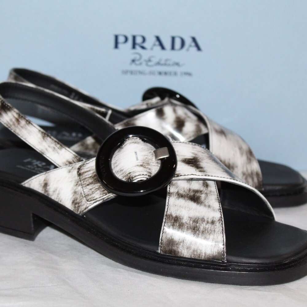 NWB PRADA Brushed Leather Slingback Buckle Black Print Sandals 39.5 - Picture 2 of 9